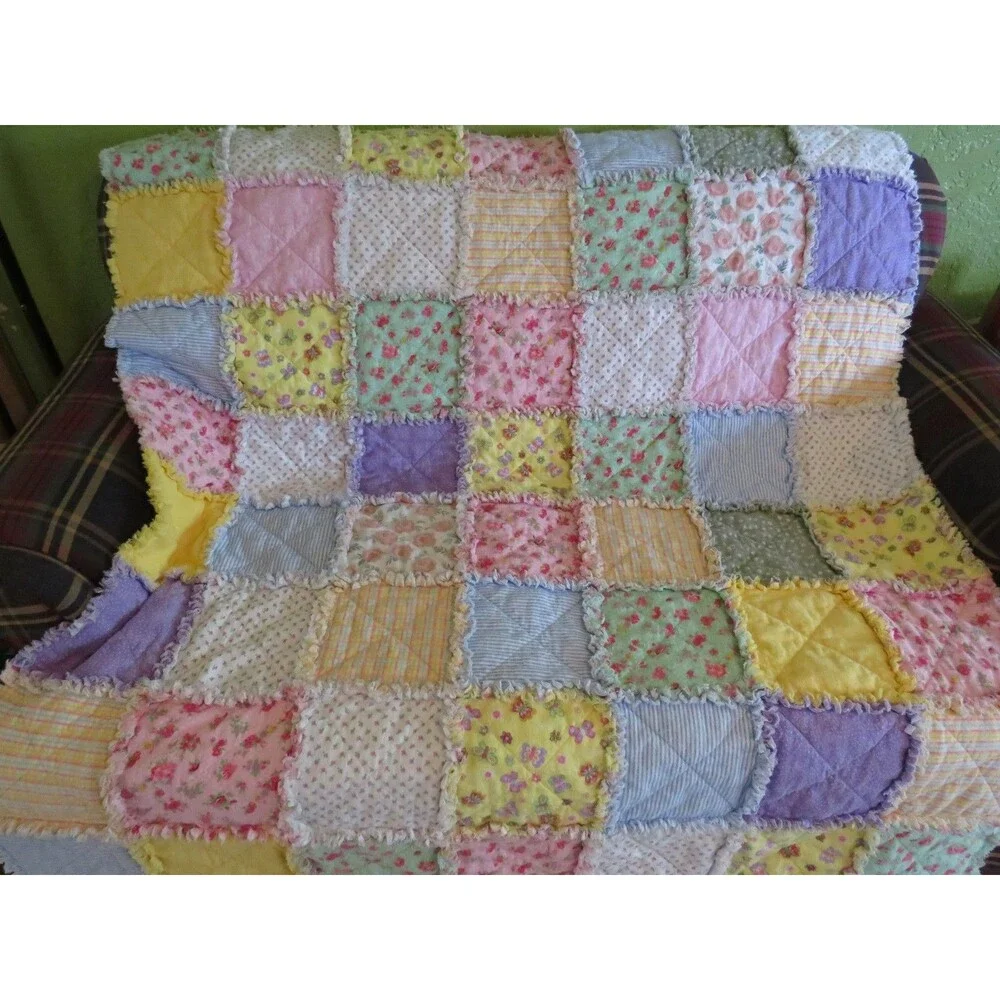 Flannel Rag Quilt With Batting, 50x64, Roses and Butterflies